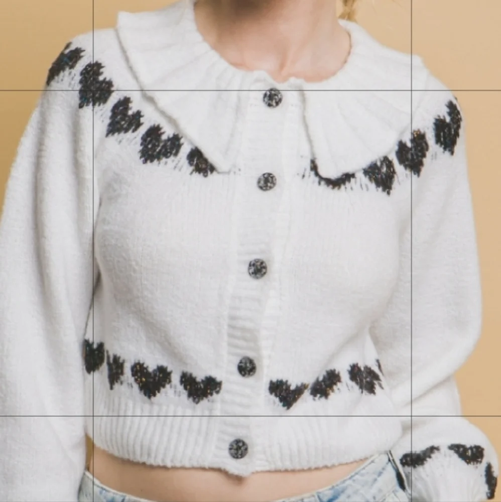 Love Tree White/Black Heart Pattern Cropped Button Up Cardigan Sweater - Picture 5 of 5